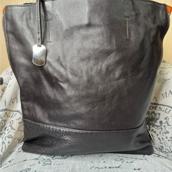 FURLA Shoulder Bag  Brown & Orange Leather  Side Zippers Large Tote Straps - Picture 3 of 15